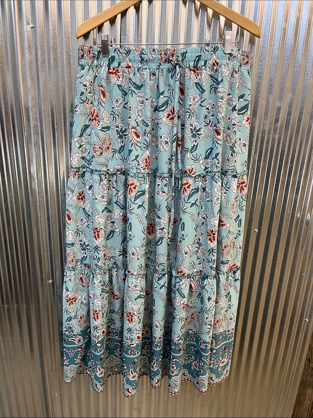 SHEIN Aqua Floral Tiered Maxi Skirt with Ruffle Accents